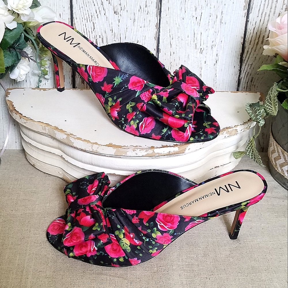 NM Bow-Top Floral Dress Mule Heels